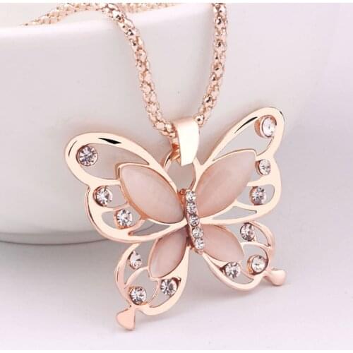 Necklace Fashion Women Rose Gold Opal Butterfly Charm Pendant Long Chain Handmade Gift Party Crystal ChokerNecklace Jewelry #45