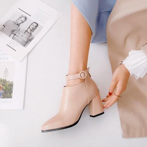SAMSACQ Elegant Women Ankle Boots Beige Block High Heels Sock Boots Square Toe Heels Boots Lady Autumn Winter Party Shoes