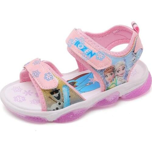 Summer Children LED Light Shoes Baby Girls Sandals Cartoon Frozen Anna Elsa Beach Soft Hollow Non-Slip Kids Breathable Cute Flat