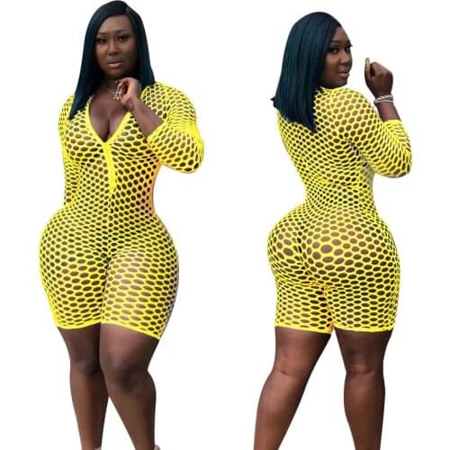 Sexy Fishnet Transparent Hollow Out Bodysuit Women V-neck Long Sleeve Zip Up Jumpsuits Romper Summer Night Out Club Partywear