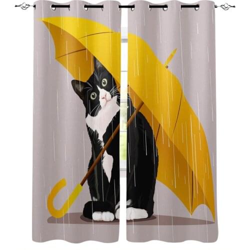 Yellow Umbrella Cat Modern Curtains for Living Room Bedroom Kitchen Curtains Drapes Window Treatments