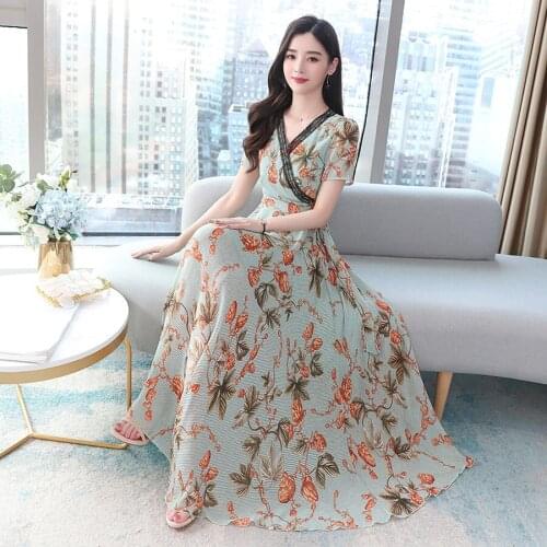 2021 Vintage Boho Print Chiffon Lace Beach Dress Spring Summer Plus Size Runway Maxi Dress Elegant Women Bodycon Party Vestidos