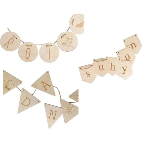 HX5D 1 Set Natural Wooden Slices Tag with Rope Basswood Letters Card Hanging Banner Baby Kids Room Decoration Birthday Pendant