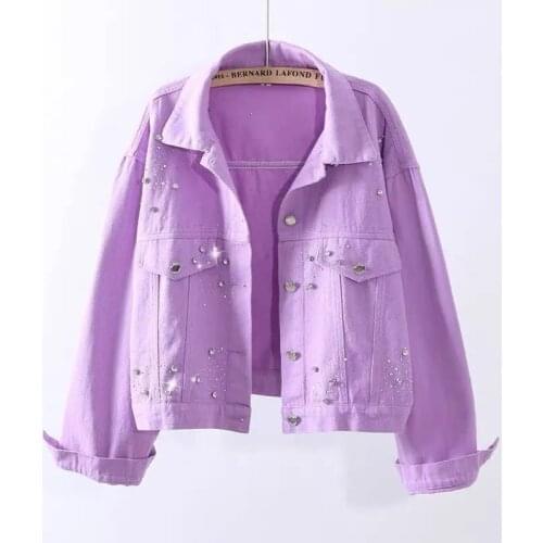 Womens Denim Jacket Spring Autumn Short Coat Pink Jean Jackets Casual Tops White Purple Yellow Diamond Loose Outerwear KW1113