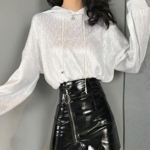 Spring New Women Loose Fit Batwing Sleeve Hip Hop Hoodie Sweatshirt Shiny Short Cropped Top Harajuku Casual Streetwear Pullover
