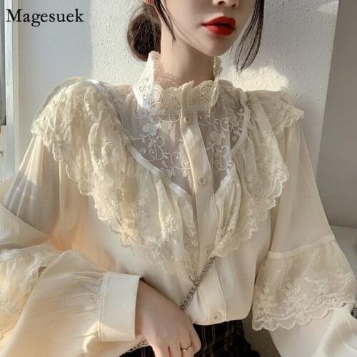 New Spring Vintage Lace Blouse Women Ruffled Loose Women Shirt Blouses Lantern Sleeve Turn- down Collar Casual Shirts Tops 11335