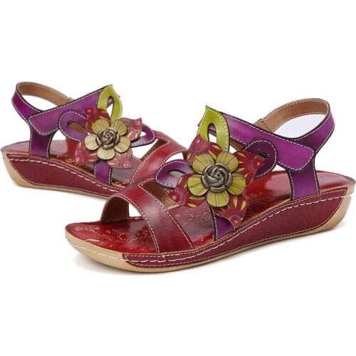 YourSeason Genuine Leather Women Flower Shoes 2021 New Summer Ladies Retro Casual Sewing Sandals Hook Loop Mixed Colors