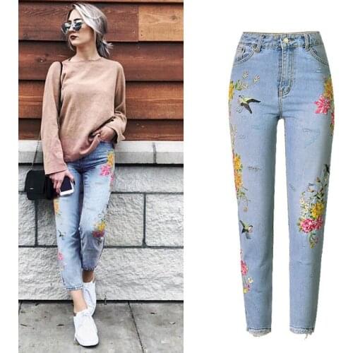 2020 High Waist Flower Embroidery Autumn Ripped Jeans For Women Denim Pants Pantalon Femme