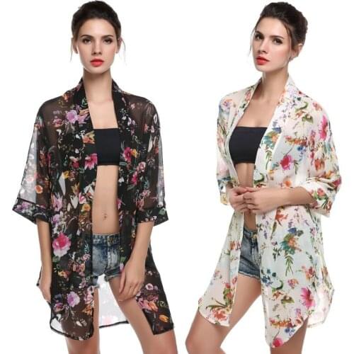 Kakaforsa 2019 Pareo Chiffon Beach Cover Up Half Sleeve Women Tunic Tops Print Beach Cardigan Bathing Suit Swimwear Cover Up