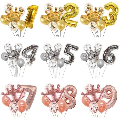 1Set Gold Silver Crown Birthday Balloons Helium Number Foil Balloon for Baby Boy Girl 1st Birthday Party Decorations Kids shower