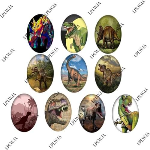 LPLWJA 10pcs Dinosaur Aniaml Oval Shape Glass Cabochon Mixed Photo Flatback Beads Demo Flat Back Making Jewelry Findings