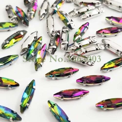 50pcs/pack 4x15mm Rainbow color Horse eye shape Glass Crystal sew on claw rhinestones,Diy Clothing accessories SWM41506