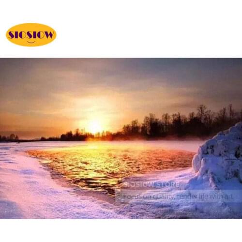 5D Diamond DIY Painting Seaside Sunset Landscape Cross Stitch Diamond Embroidery Snow Scenery Pictures Of Rhinestones Wall Decor