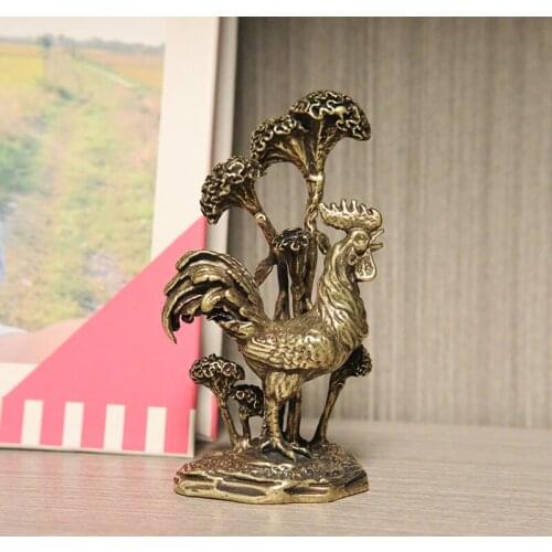 Antique Pure Copper Crowned Rooster Ornament Bronze Zodiac Chicken Miniature Figurines Study Desk Paperweight Decorations Crafts