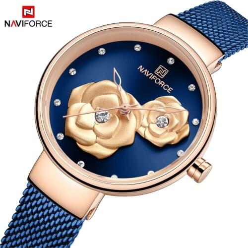 NAVIFORCE Fashion Watch Women Flower Waterproof Slim Mesh Strap Simple for Girl Quartz Sports Clock Relogio Masculino Blue New