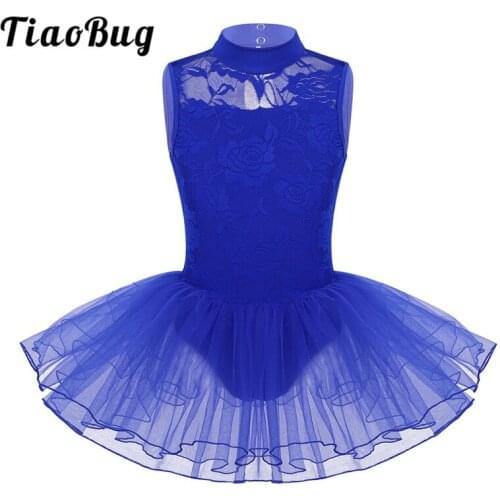 TiaoBug Kids Dancewear Sleeveless Mock Neck Lace Mesh Tutu Ballet Gymnastics Leotard Dress Girls Stage Performance Dance Costume