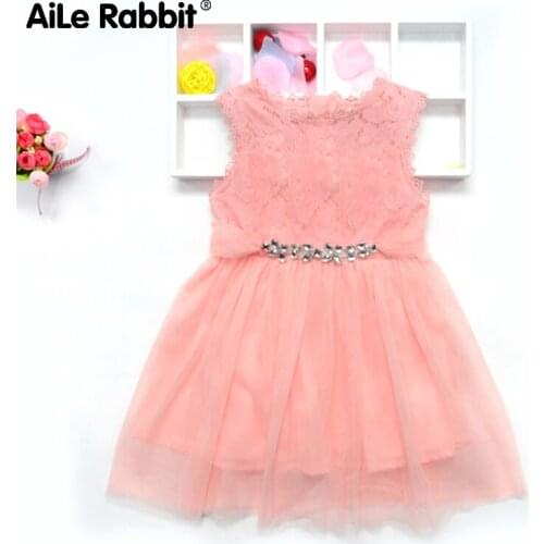 Girls Lace Dress Sleeveless Princess Dress Belt Bright Drill Childrens Clothes Pink Grey K1
