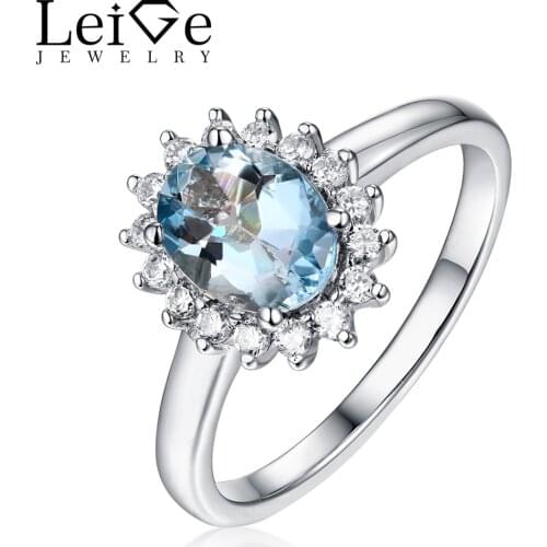 Leige Jewelry Natural Aquamarine Ring Blue Gemstone Halo Oval Cut Prong Setting 925 Silver Jewelry Engagement Rings for Women