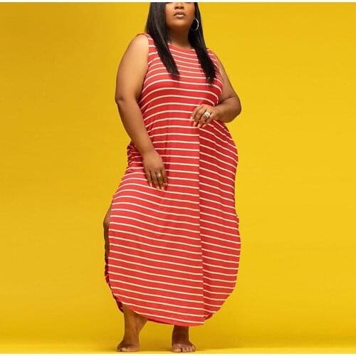 Red Striped Dress Large Big Size Loose Pullovers Sleeveless Side Split Ankle Length Fashion Daily Wear Cloth Long Dress 2021 New