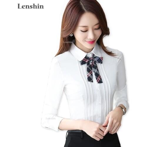 Lenshin Tie Shirt White Blouse with Bow Slim Elegant Work Office Lady Long Sleeve Tops Formal Wear