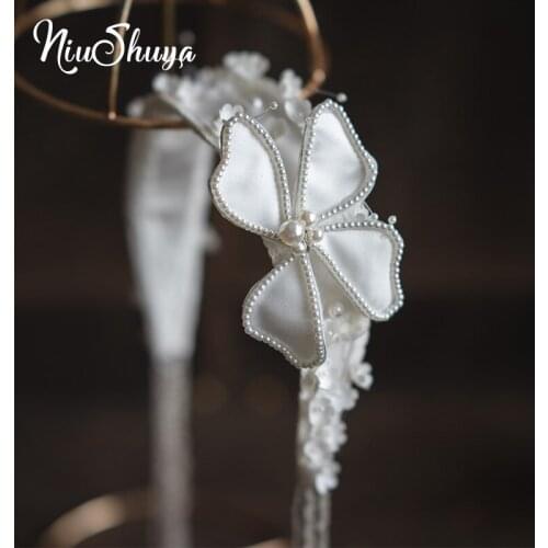 NiuShuya White Satin Bride Headbands Wedding Headwear Bridal Princess Tiara Long Tassel Mini Flower Hair Accessories