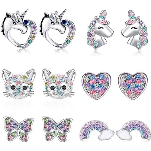 New Cute Unicorn Stud Earrings for Little Girl Kids Crystal Cat Butterfly Rainbow Heart Star Earring Christmas Gift Jewelry