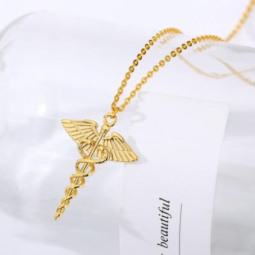 Staff Of Asclepius Necklace Doctor Nurse Caduceus Necklaces For Women Angel Wings and Gold Snake Jewelry Medical Graduation Gift