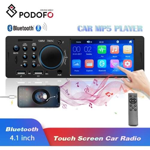 Podofo Bluetooth Autoradio Car Stereo Radio Touch Screen FM Aux Input SD USB AUX 12V In-dash 1 din 4.1" MP3 Multimedia Player