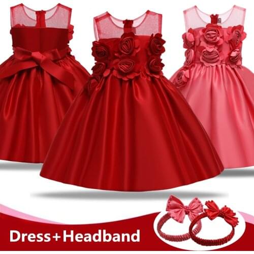 Baby Girls Christmas Flower Princess Dress New Year Red Costume 1 2 Years Birthday Party Dress Tollder Wedding Ball Gown Clothes