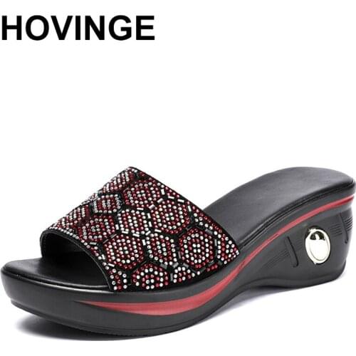 HOVINGESlippers woman rhinestone real leather summer shoes fashion wedges heels sandals women slides big size 35 - 41