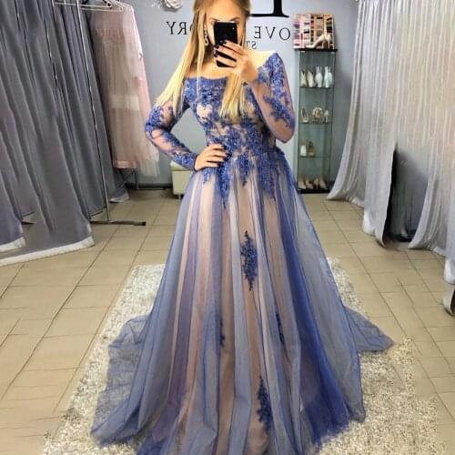 Blue Evening Dress Women Formal Long Party A Line Long Sleeve Applique Tulle Prom Dresses 2021