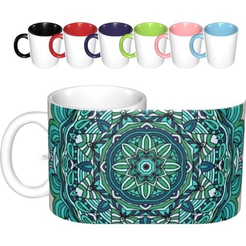 Blue Mandala Ceramic Mugs Coffee Cups Milk Tea Mug Ethnic Pattern Mandala Asian Blue Grey Indian Culture Background Ornate