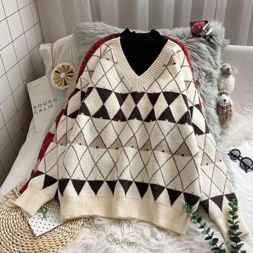 Vintage Argyle Women Sweater Knitted Pullovers False 2 Piece V-Neck Thicken Warm Casual All Match Female Pulls Outwear Tops