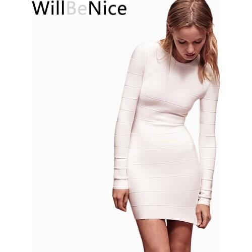 WillBeNice White Winter Bandage Dres Elegant Classic O-Neck Srips Long sleeve Sexy Dress Bandage Bodycon Dress Party Vestidos