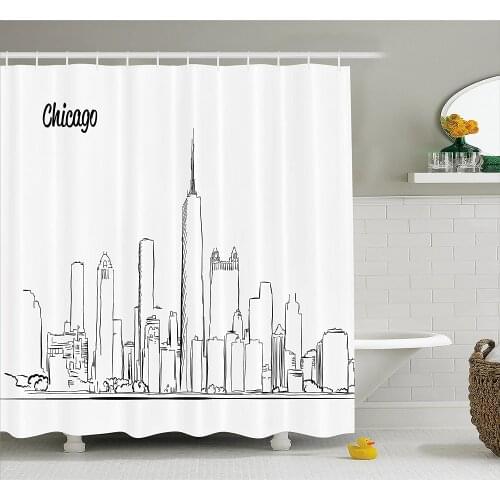 Chicago Skyline Shower Curtain Hand Drawn City Silhouette Downtown Free Hand Sketch of Panoramic Landmark Bathroom Curtains