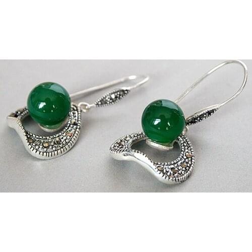 Women jewelry Brincos earring Pendientes 10MM Round Natural Green GEM Beads 925 Hook Marcasite Earrings 11/2"