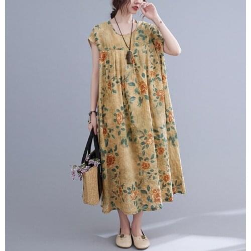 Oversized Women Cotton Linen Casual Dress New 2021 Summer Vintage Style Floral Print Loose Female Holiday Long Dresses S3815