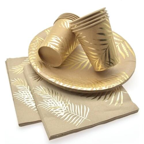Gold foil gilding palm leaves Christmas party tableware deco paper cup paper towel paper tray wedding New Year party supplies