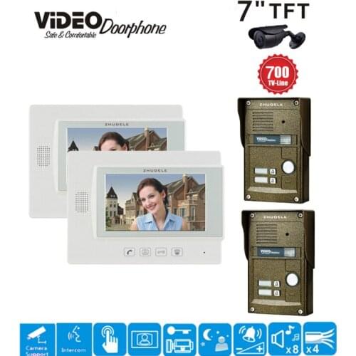 2-Apartment 7" LCD Monitor Speakerphone Intercom Color Video Door Phone Doorbell Access Control System IR Camera for 2 doors