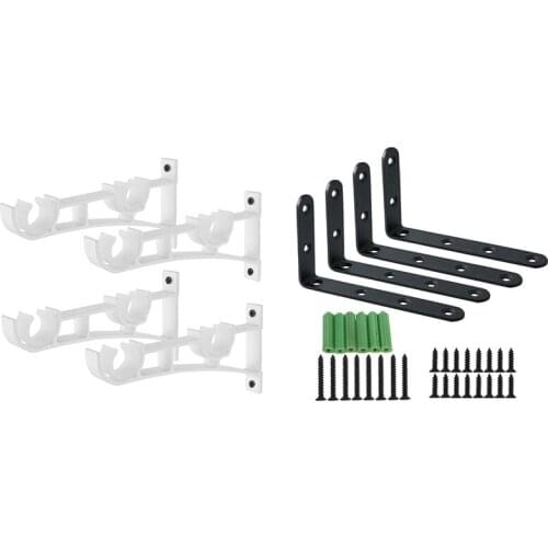 4 PCS Stainless Steel Duty "L" Decorative Corner Brace Angle Bracket Shelf Bracket with Double Curtain Rod Holders Set