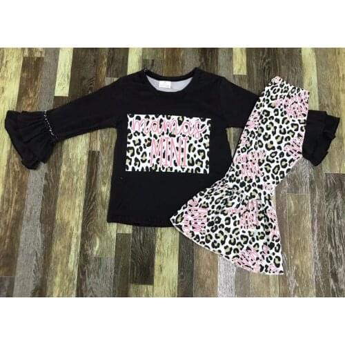 Childrens fall clothes Mommy theme Black lace long sleeve leopard print boutique bell-bottom suit 11