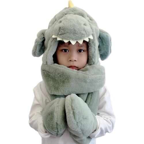 Doitbest Winter Kids Scarf Gloves Hat set Little dinosaur Cap for Boys Girls Children Moving ears Cute Warm Beanie Earflap Hats