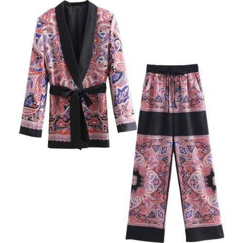 European and American fashion suit printing casual blazer + high waist ethnic tourist womens trousers 2 piece set women