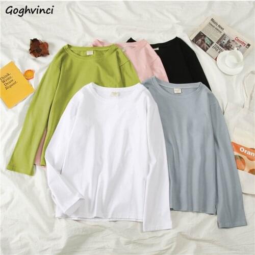 Long Sleeve T-shirts Women Spring Solid O-neck Loose All-match Korean Preppy Style Leisure Fashion Simple Stylish Teens BF Daily