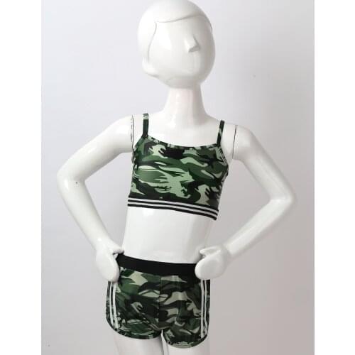 Camouflage Kids Girls Tankini Activewear Outfit Clothes Sets Crop Top with Bottoms Tracksuit for Gymnastics Fitness Dancewear