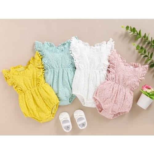 New Born Baby Girls Lace Romper Onesie Toddler Fly Sleeve Pom Pom Summer Clothing Candy Color Emrboidery Soft Dress