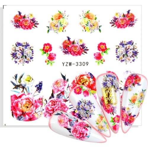 Summer Pink Floral Water Sticker Geometry Decals Flower Leaves DIY Tottoos Designs For Nail Art Wraps Slider Decorations