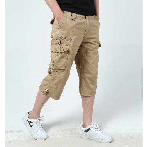 Male Casual Shorts Multi Pockets Summer Loose Zipper Breeches Plus Size Short Pant Casual Cotton Middle Long Mens Cargo Shorts