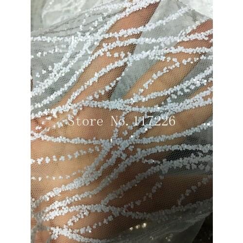 Newest african sequins tulle mesh fabric sparkly JRB-42050 glued glitter sequins lace fabric IN WHITE COLOR