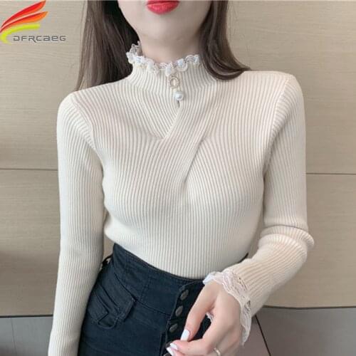 New 2021 Autumn Winter Turtleneck Sweater Women Lace Patchwork Cross Beaded Knitting Sweaters And Pullovers Casual Jumper Tops